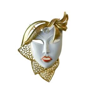 80s Art Deco Style Gold Plate White Red Enamel Rhinestone Lady Face Mask Brooch